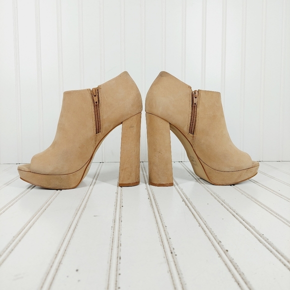 Aldo Cream Suede Leather Peep Toe High Block Heel Booties K152 - Picture 7 of 14